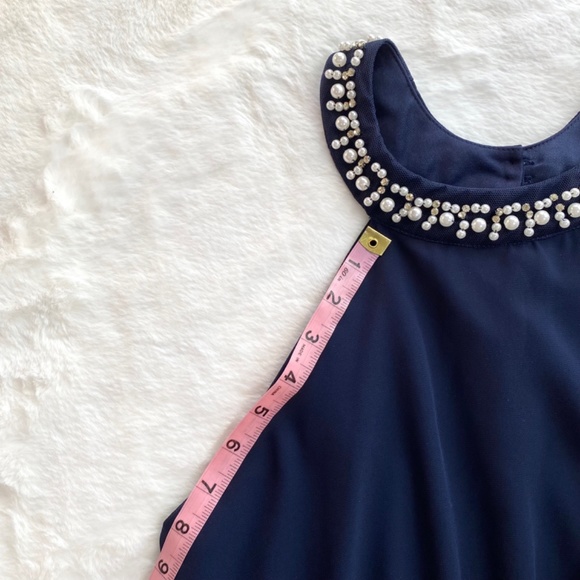 Francesca’s Collection Pearl High Neck Navy Dress in Size Large - Picture 6 of 16